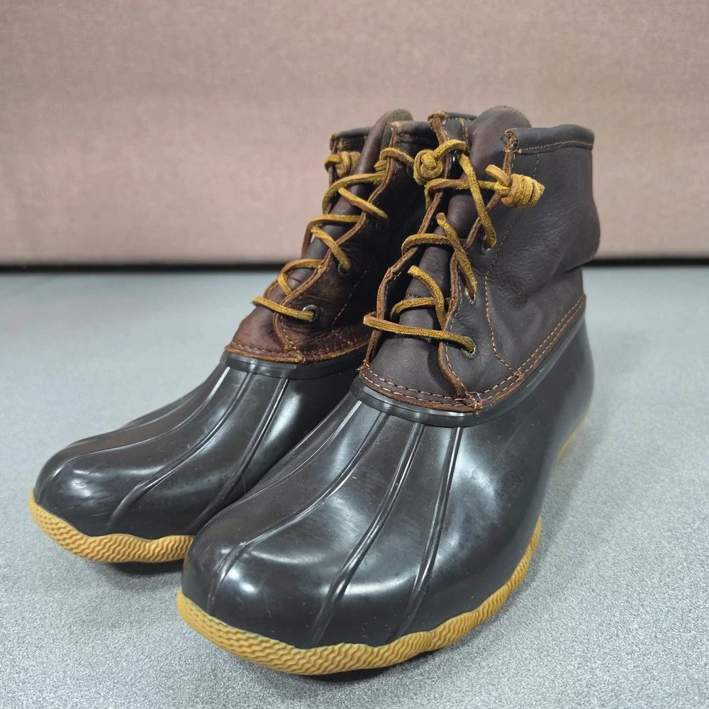 Sperry Saltwater Duck Boots Womens Brown Leather Rubber Ankle Good Side Zip